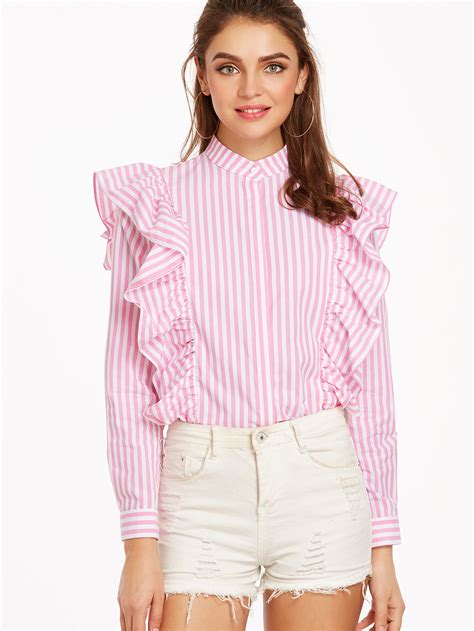 Vertical Striped Hidden Button Frill Blouse SheIn Sheinside