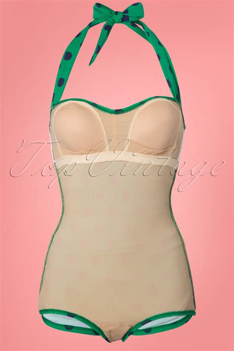 Esther Williams Classic Polkadot One Piece Swimsuit Années 50 En Vert