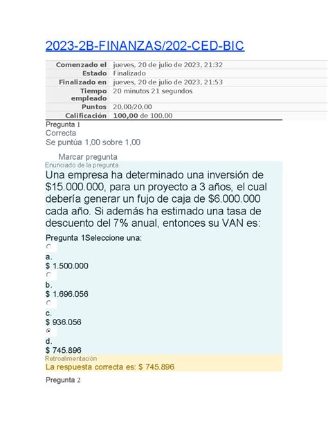 Examen 2023 2B FINANZAS 202 CED BIC Comenzado El Jueves 20 De Julio