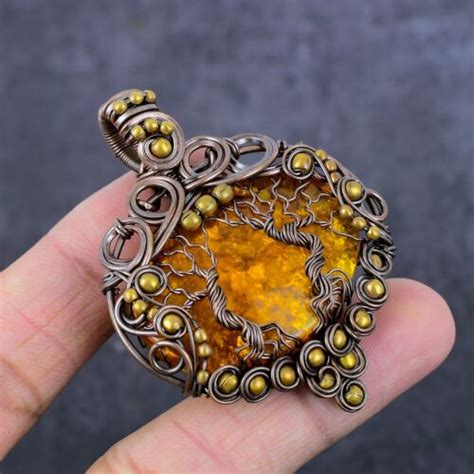 Baltic Amber Gemstone Copper Wire Wrap Tree Of Life Jewelry Pendant 2