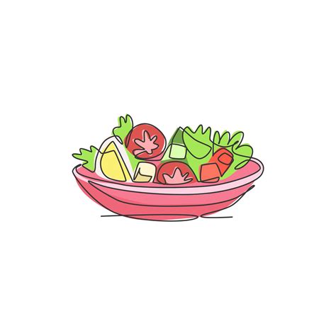 One Single Line Drawing Of Fresh Healthy Vegetables Salad Logo Vector Graphic Illustration