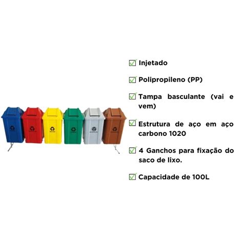 Conjunto Para Coleta Seletiva 100 Litros 6 Cestos