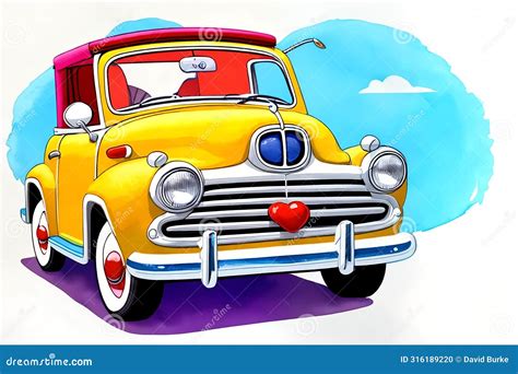 cartoon comic smile vintage car yellow classic auto art drawing stock