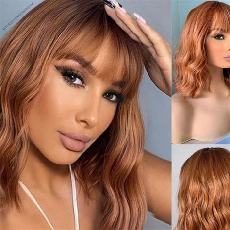 Red Orange Wig Auburn Wavy Short Bob With Bangs Synthetic Etsy