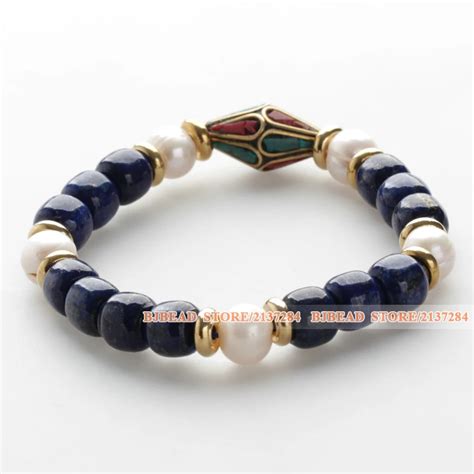 Vintage Style Lapis Pearl Tibetan Bead Bracelet With Golden Color Metal