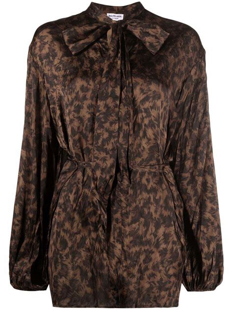 Balenciaga Leopard Print Satin Pussy Bow Blouse Womens Beige Editorialist