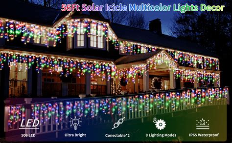 Solar Icicle Christmas Lights Outdoor 56Ft 506 LED Icicle Multi Color