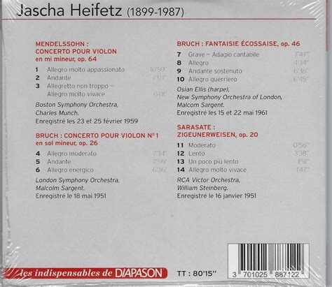 Jascha Heifetz Joue Mendelssohn Bruch Et Sarasate Munch Sargent