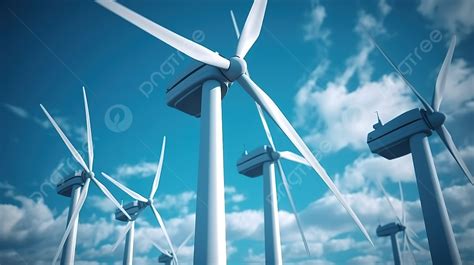 Close Up D Render Of Wind Turbines Against Blue Sky Background Wind