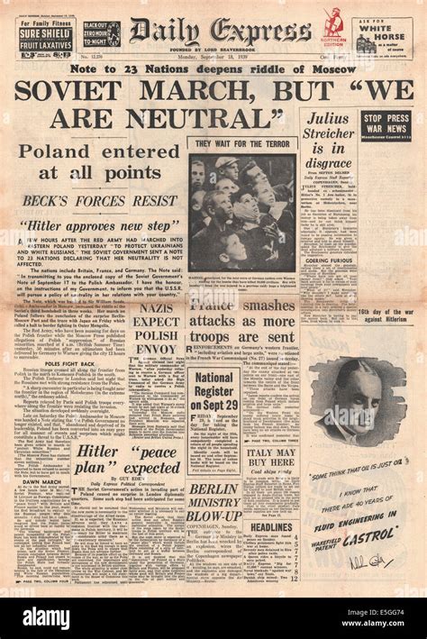 1939 Daily Express Front Page Reporting Invasion Of Poland By Soviet