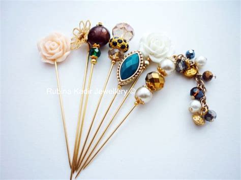 Hijab Pin 7 Beautiful Light Weight Pins Adorned With Faceted Beads In Beautiful Muted Gold