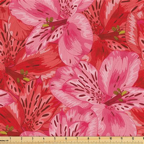 Ambesonne Floral Fabric By The Yard Upholstery Red Alstroemeria