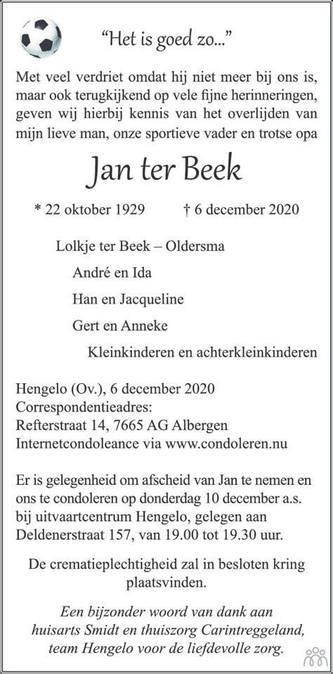 Jan Ter Beek 06 12 2020 Overlijdensbericht En Condoleances Mensenlinq Nl