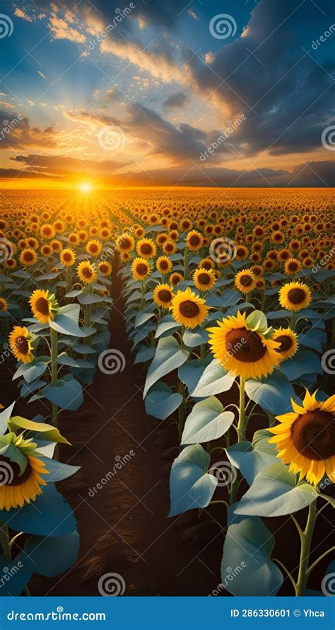 Sunflower Field With Blue Sky And Fluffy Clouds During Sunset Stock