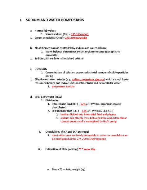 Renal Exam 1 Part 40 I SODIUM AND WATER HOMEOSTASIS A Normal Lab