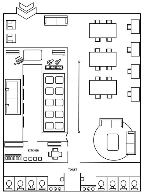 The Floor Plan For A Restaurant With Seating And Tables Including An