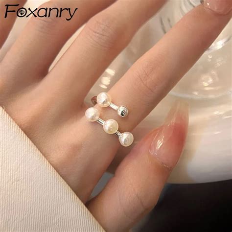 Foxanry Silver Color Pearl Cuff Rings For Women Girls French Elegant