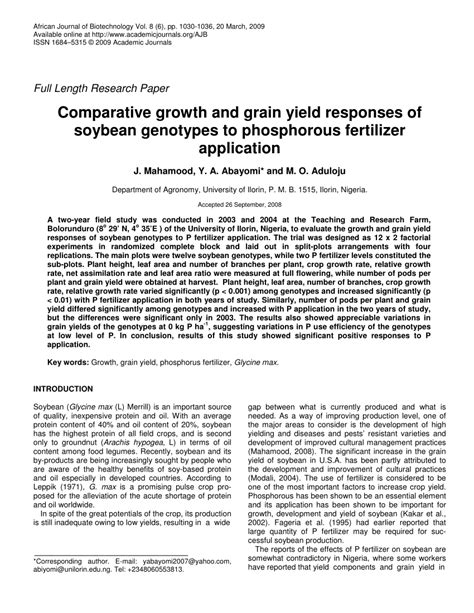 Pdf Comparative Growth And Grain Yield Responses Of Soybean Genotypes To Phosphorous