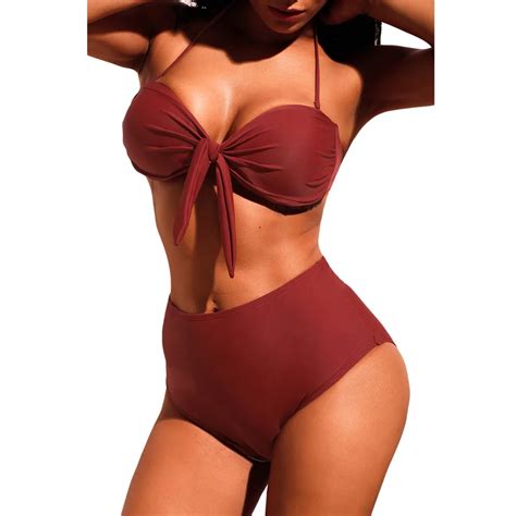 Plusland Tankini Summer Sexy Women Burgundy Tie Front Halter Bikini