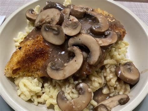 Chicken Schnitzel And Spaetzle With Mushroom Gravy The Old Woman And The Sea