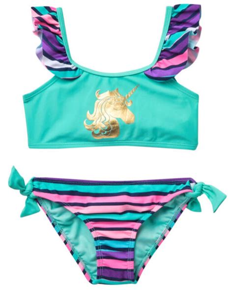 Limited Too Girls Swimsuit Seafoam Unicorn Striped Bikini Sz 14 16 UPF