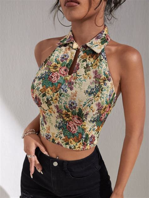 Floral Pattern Backless Crop Halter Top Simple Trendy Outfits Girls