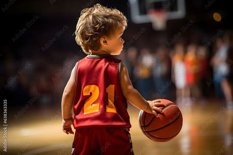 Kid basketball player holding a basketball on court along with audience, cheerleaders. The ...