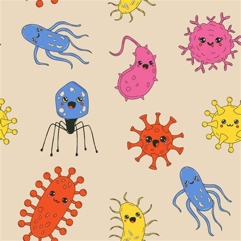 Seamless pattern with Cute Cartoon bacteria, virus character. Old ...