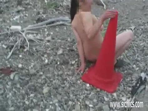 Asian Wife Passionately Fucks A Massive Road Cone On The Beach Sex