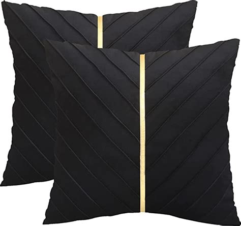 Tosleo Black Velvet Throw Pillow Covers 18x18 Inch Pack Of 2 With Gold Leather