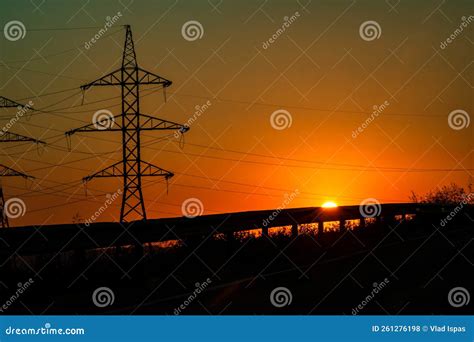 Electric Power Pylon Electric Tower At Sunset Stock Photo Image Of