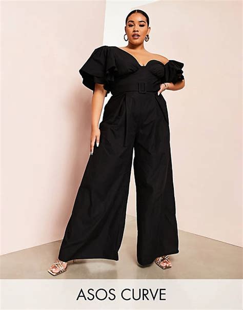 Asos Luxe Curve Off Shoulder Belted Poplin Jumpsuit In Black Asos