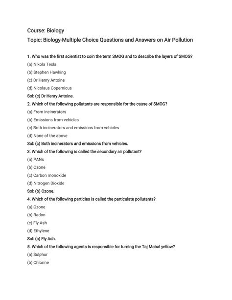 Multiple Choice Questions On Pollution