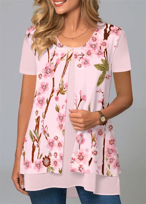 Rotita Floral Print Short Sleeve Pink Round Neck Blouse