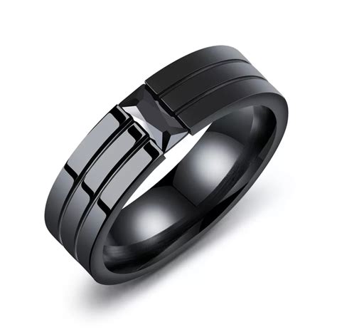 Mens Black Titanium Ring With Tension Set Zircon Wedding Band Etsy