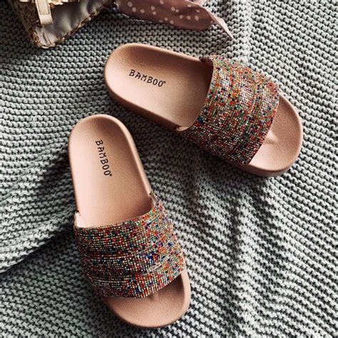 BAMBOO Shoes New Blush Nude Multicolor Rhinestone Flatplatform Slide Sandal Flip Flops