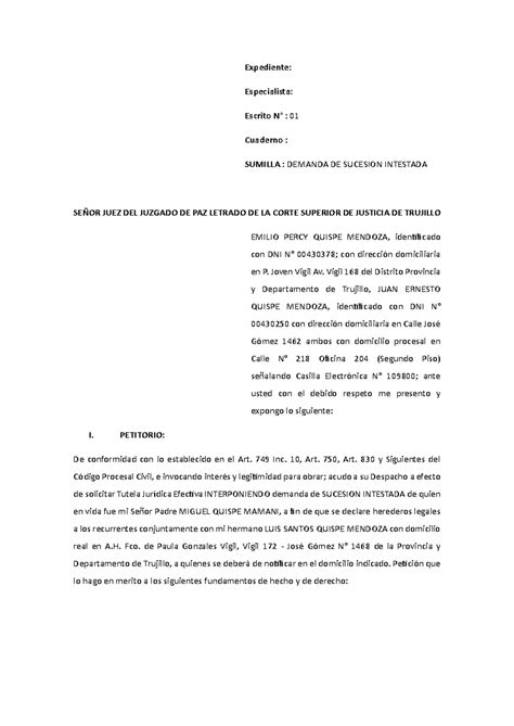 Demanda Sucesion Incestada Expediente Especialista Escrito N° 01