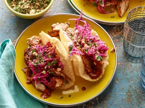 Yucatan Chicken Puffy Tacos With Peanut Red Chili Bbq Sauce And Red Cabbage Slaw Recipe Bobby