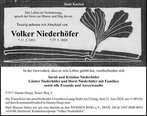 Traueranzeigen von Volker Niederhöfer rz trauer de