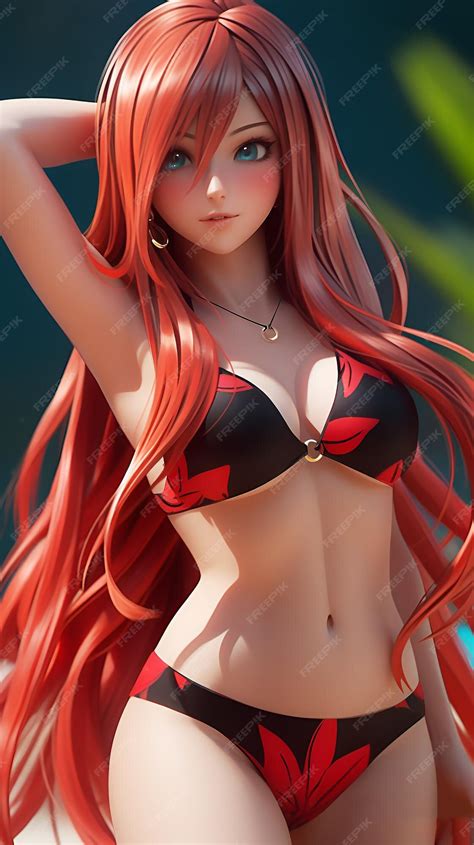 Premium Photo A Beautiful Redhead Anime Girl In Red And Black Bikini