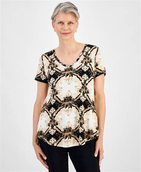 Jm Collection Womens Printed V Neck Short Sleeve Knit Top Created For Macys Macys