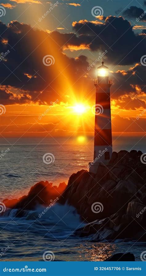 Scenic Sunrise Over Lighthouse On Rocky Shore With Dramatic Clouds And