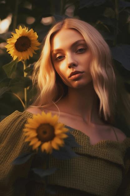 Premium AI Image A Woman With A Sunflower In Her Hair Stands In Front