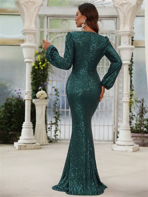 Lantern Sleeve Mermaid Hem Sequin Prom Dress Shein Usa