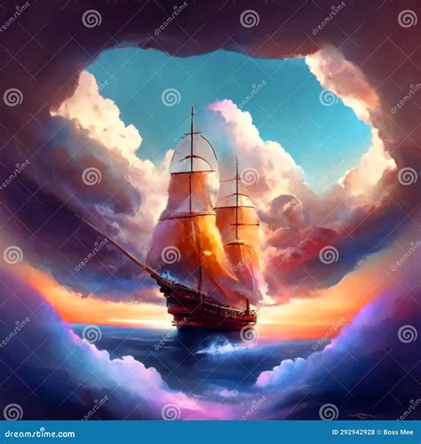 Sailing Ship In The Sea At Sunset 3D Illustration Stock Illustration