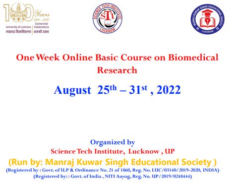 One Week Online Basic Course On Biomedical Research SCIENCE TECH