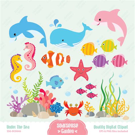 Under The Sea Clip Art Ocean Digital Clipart Fishes Whale Crab