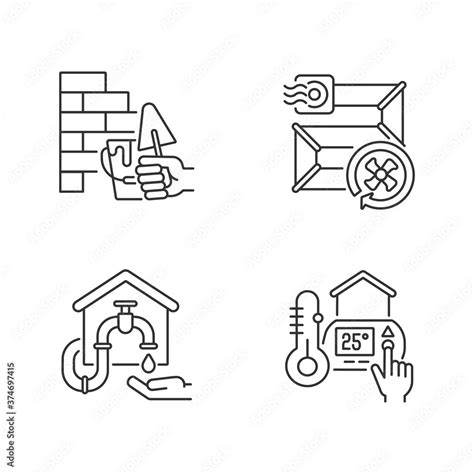 House Building Linear Icons Set Wall Building Bricklaying Vent Pipes