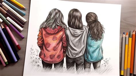 Color Pencil Drawing Colored Of Three Girls And Pencils Backgrounds ...