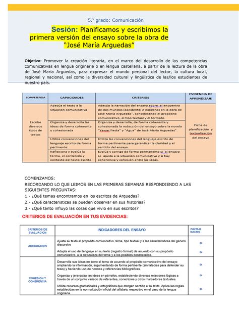 Sesion Arguedas De Junio A O Grado Comunicaci N Sesi N